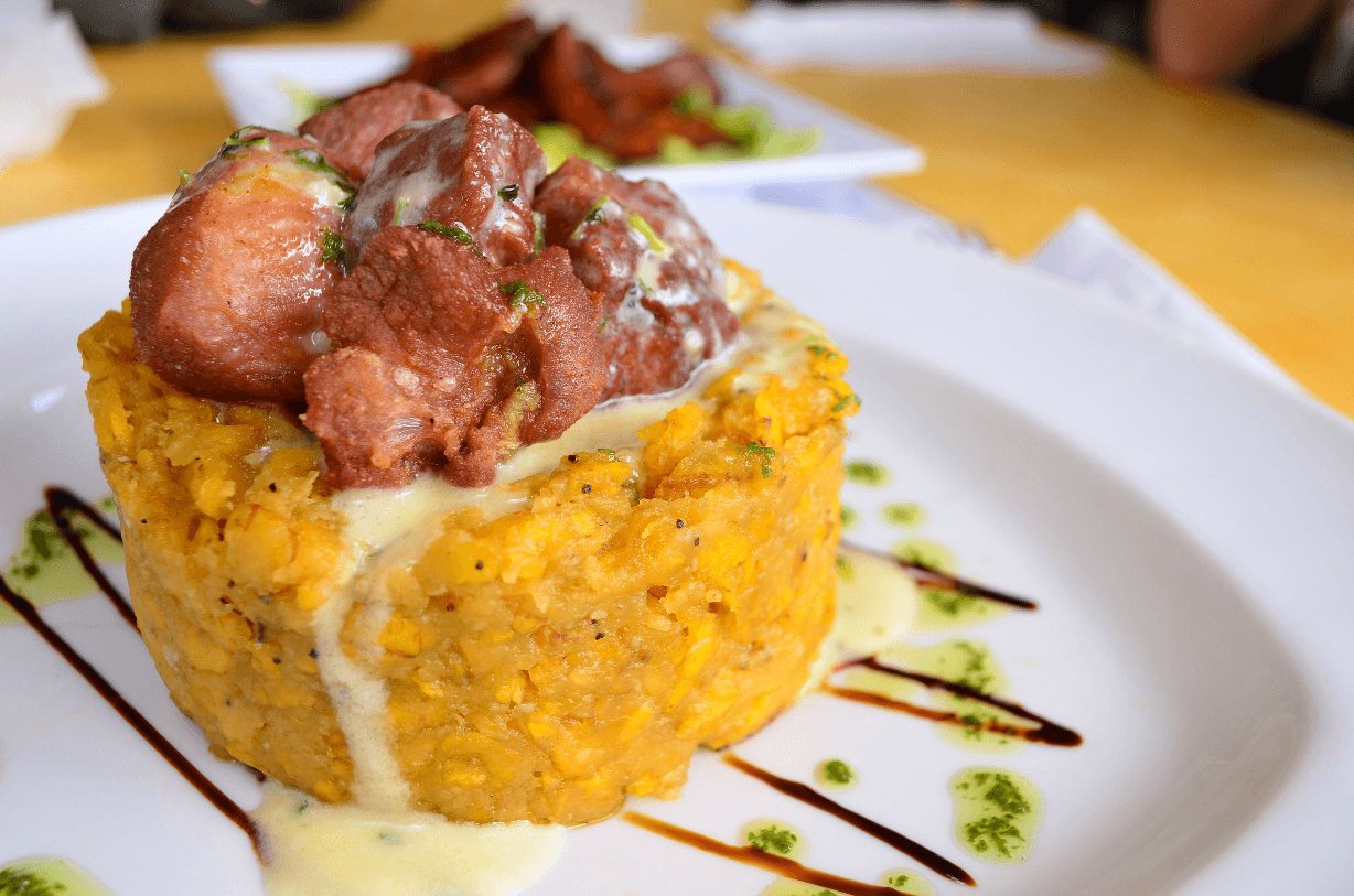 The Mofongo is a dish, with fried plantains, garlic
