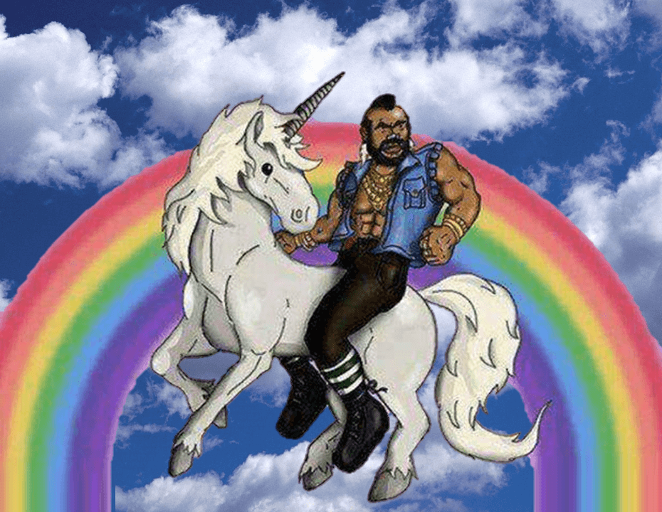 Who is riding a unicorn in this picture? 